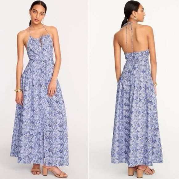 J. Crew Collection Anguilla Blue Dandelion Swirl Halter Tiered Maxi Dress Sz 8 - Picture 1 of 13
